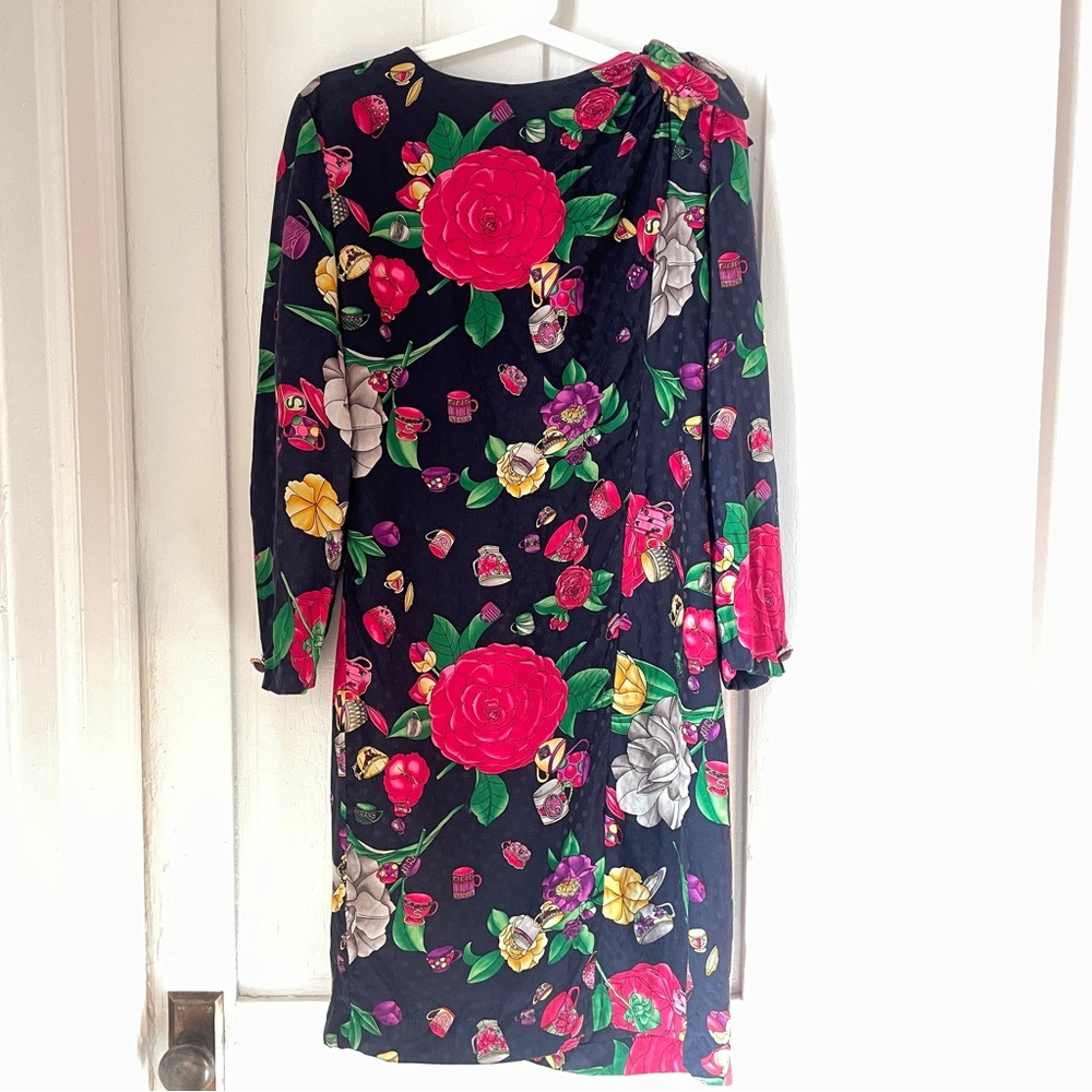 VTG Navy Silk Dress Flower and Tea Cup Print SZ 12